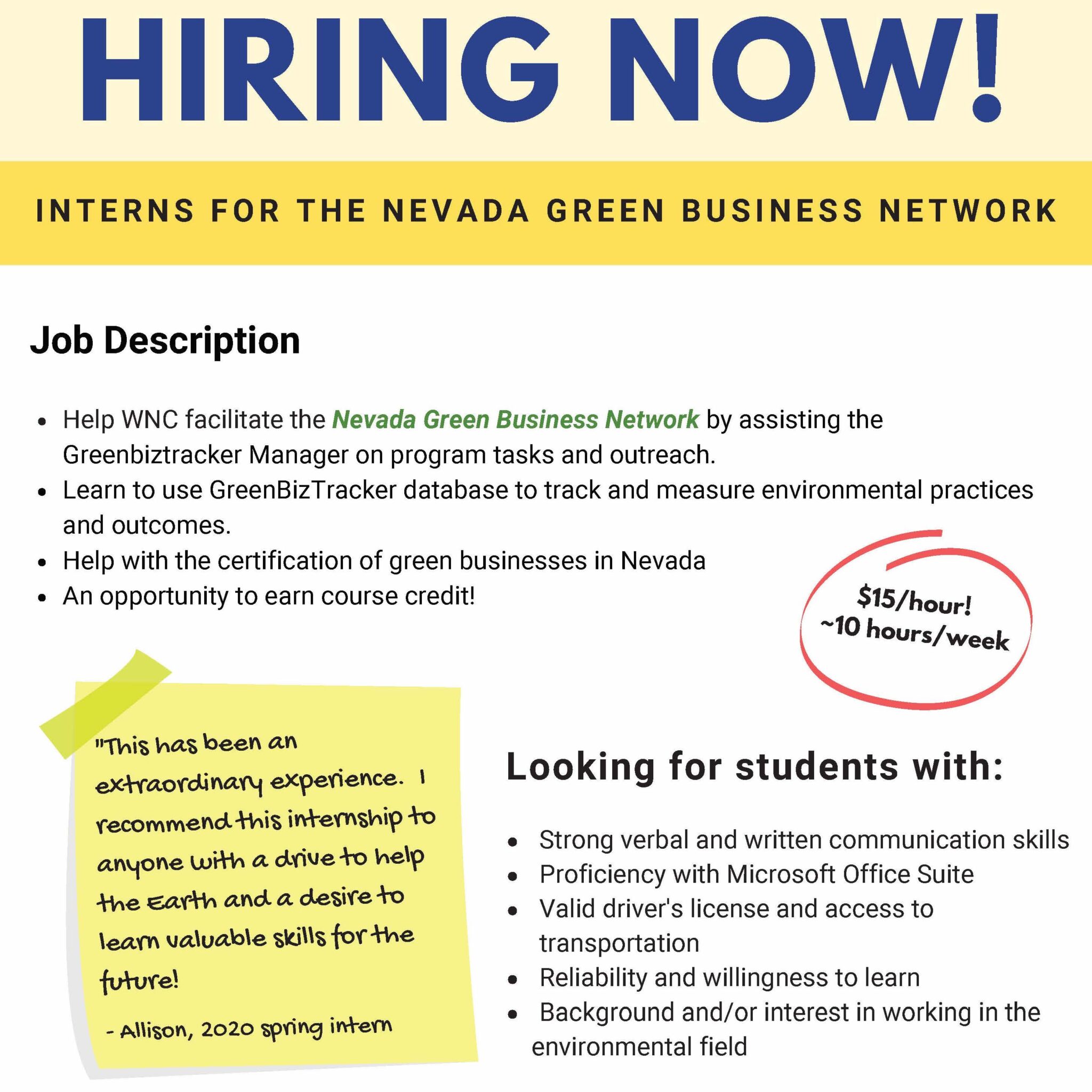 Interns Sought for Nevada Green Business Network